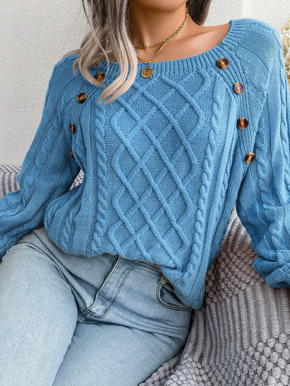 Womens Square Neck Button Front Knitted Sweater Long Sleeve Pullover 11