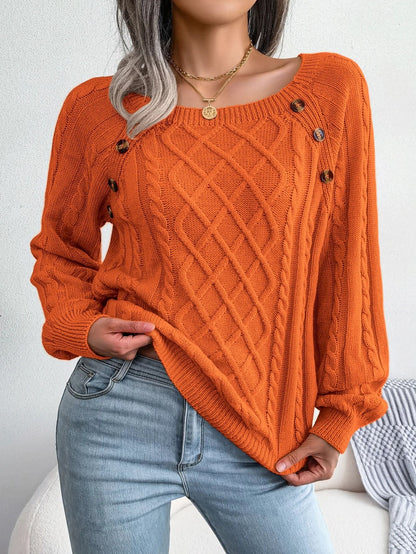 Womens Square Neck Button Front Knitted Sweater Long Sleeve Pullover 13