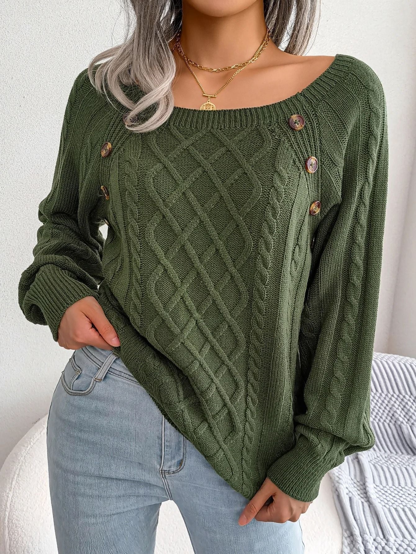 Womens Square Neck Button Front Knitted Sweater Long Sleeve Pullover 8