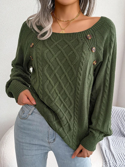 Womens Square Neck Button Front Knitted Sweater Long Sleeve Pullover 8