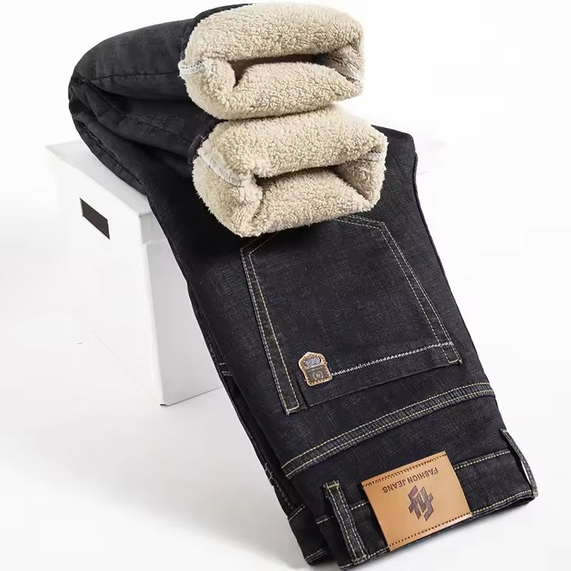 Winter Fleece Lined Denim Pants For Men Warm High Waist Straight Fit 8