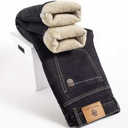 Winter Fleece Lined Denim Pants For Men Warm High Waist Straight Fit 8