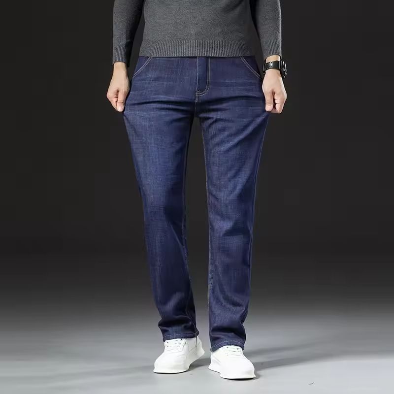 Winter Fleece Lined Denim Pants for Men Warm High Waist Straight Fit