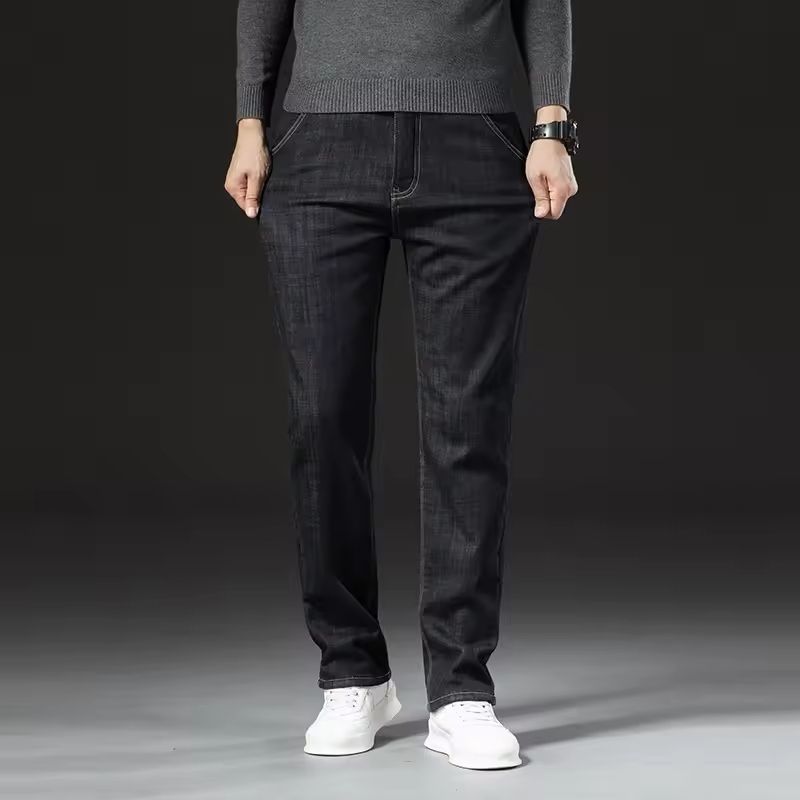 Winter Fleece Lined Denim Pants For Men Warm High Waist Straight Fit 4