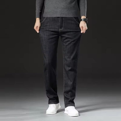 Winter Fleece Lined Denim Pants For Men Warm High Waist Straight Fit 4