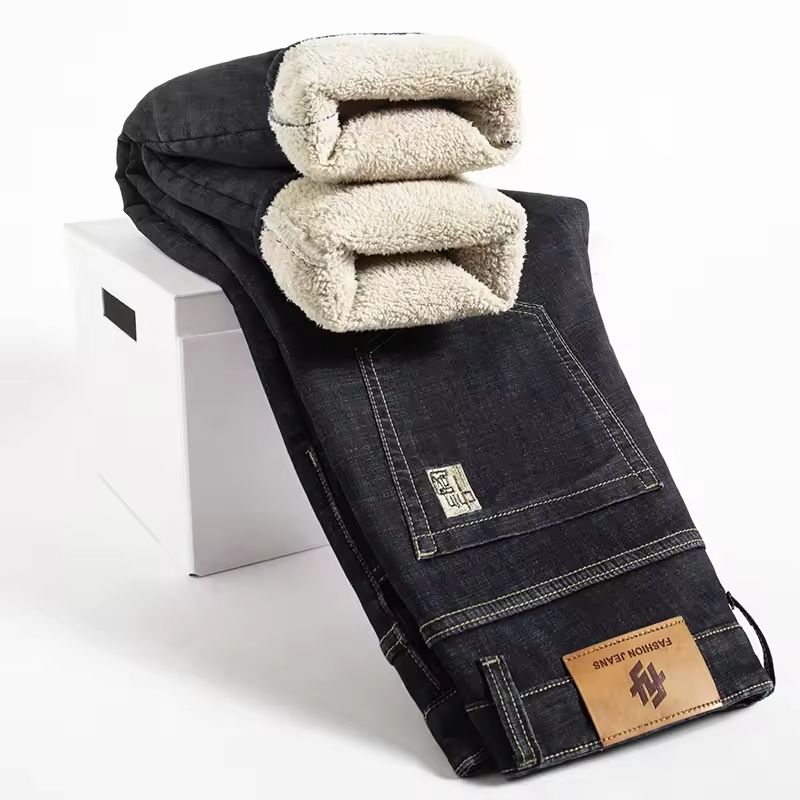Winter Fleece Lined Denim Pants For Men Warm High Waist Straight Fit 6