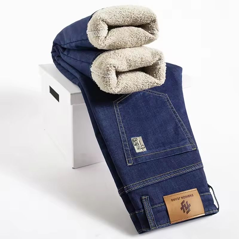 Winter Fleece Lined Denim Pants For Men Warm High Waist Straight Fit 7