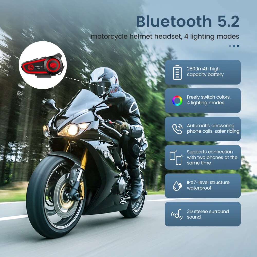 GEARELEC DK02 Motorcycle Helmet Headset, Stereo Bluetooth Hands-Free Call, IPX7 Waterproof, Tri-Color Ambient Light