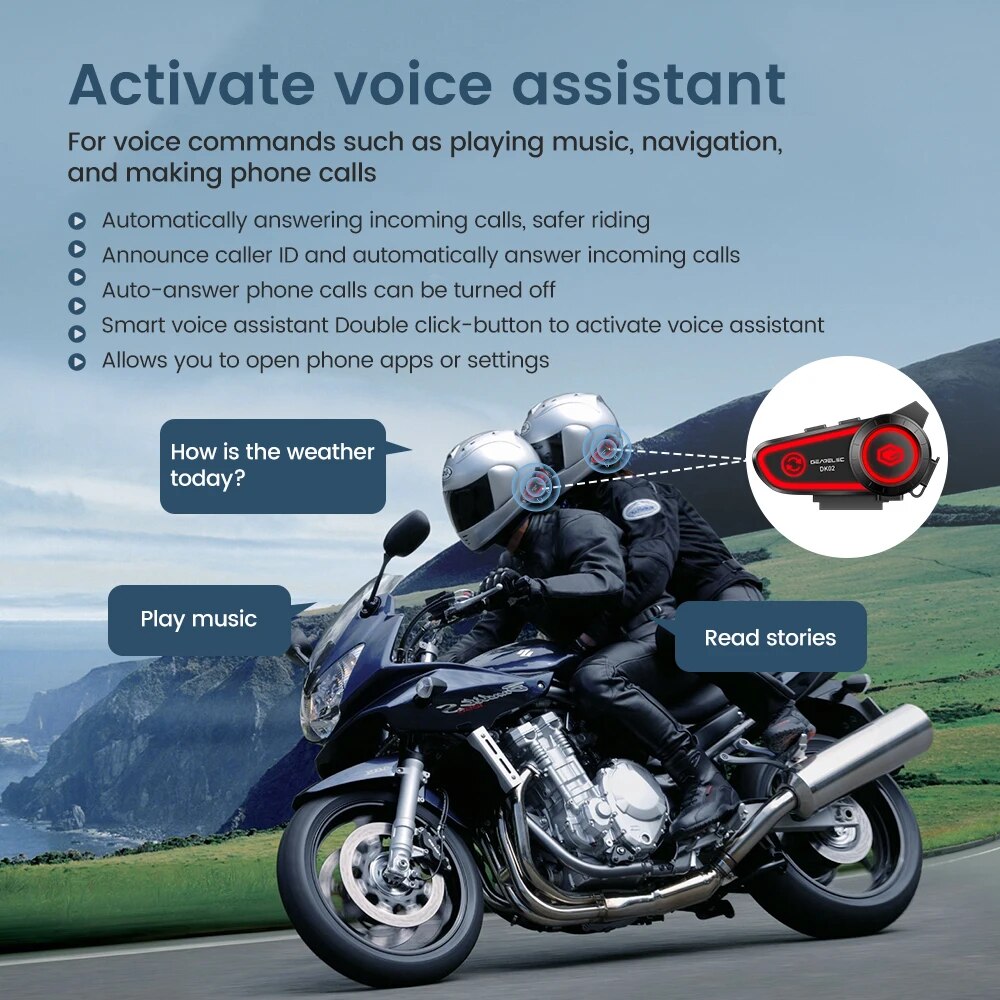 GEARELEC DK02 Motorcycle Helmet Headset, Stereo Bluetooth Hands-Free Call, IPX7 Waterproof, Tri-Color Ambient Light