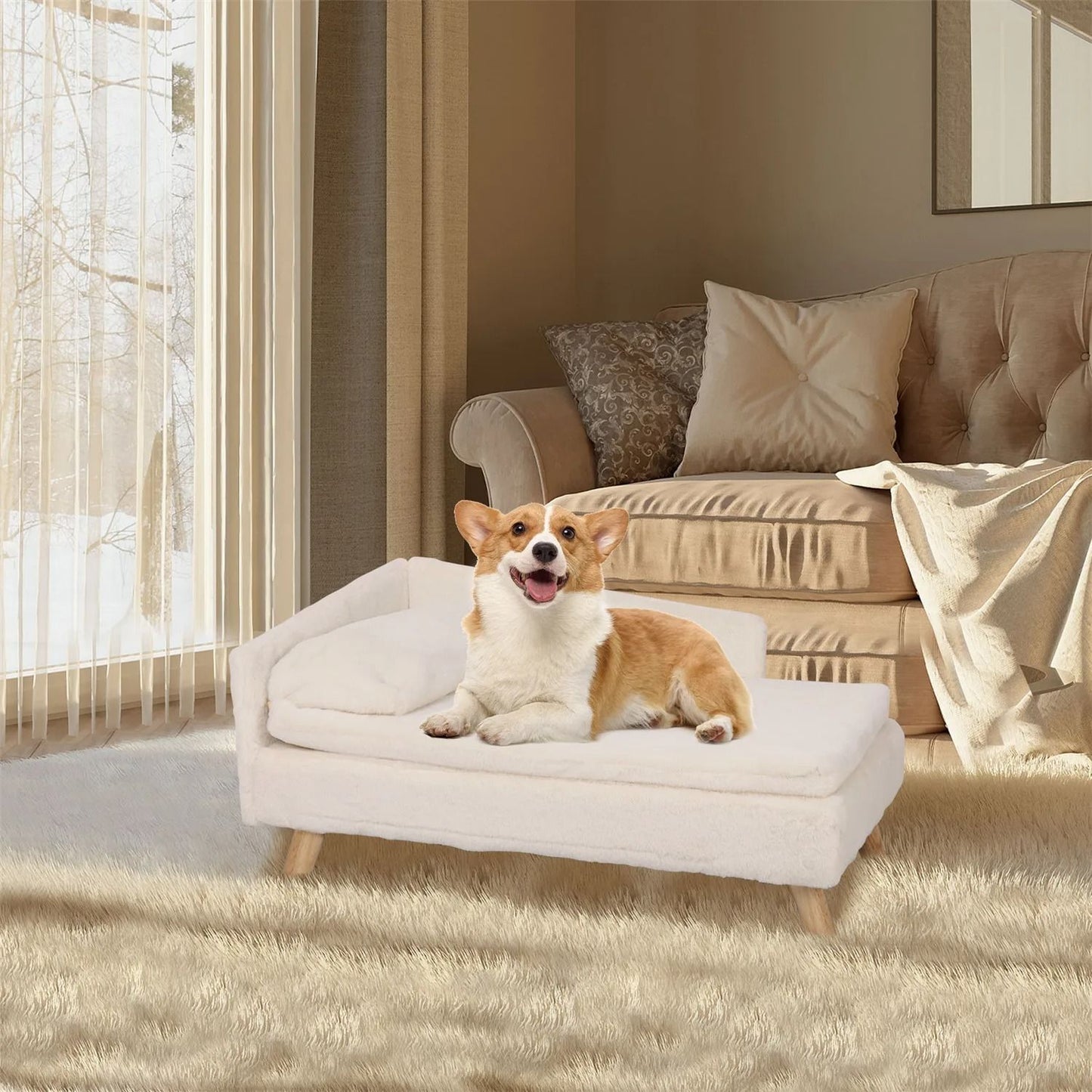 Elevated Pet Sofa Bed with Wood Legs and Waterproof Cozy Pad