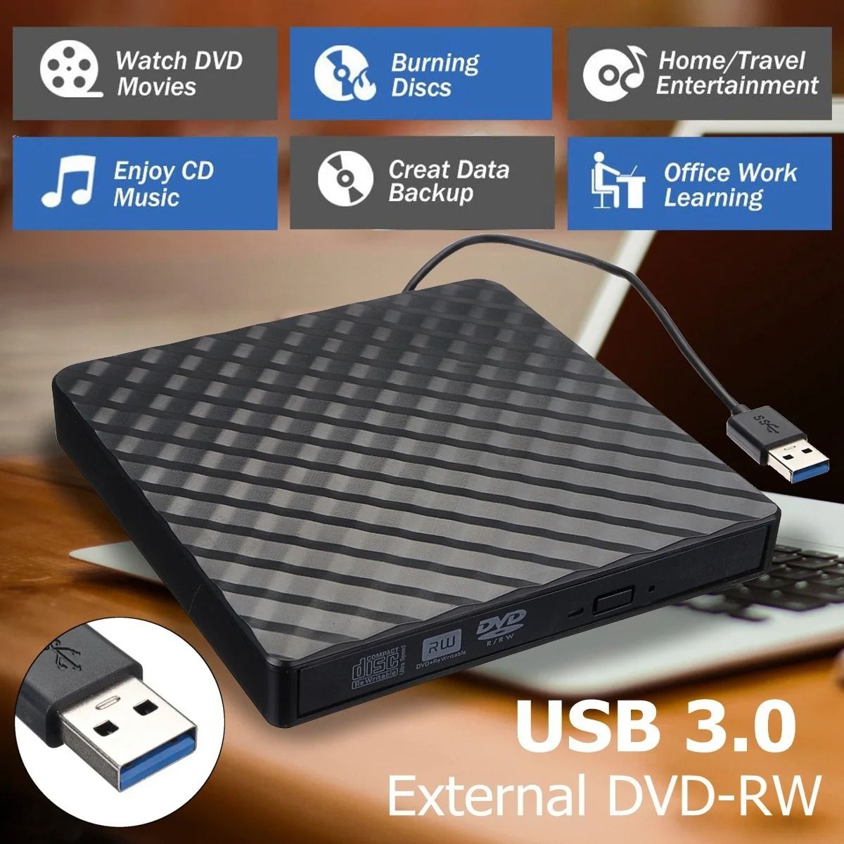Ultra Slim Portable Optical Drive with USB and Type C Connectivity