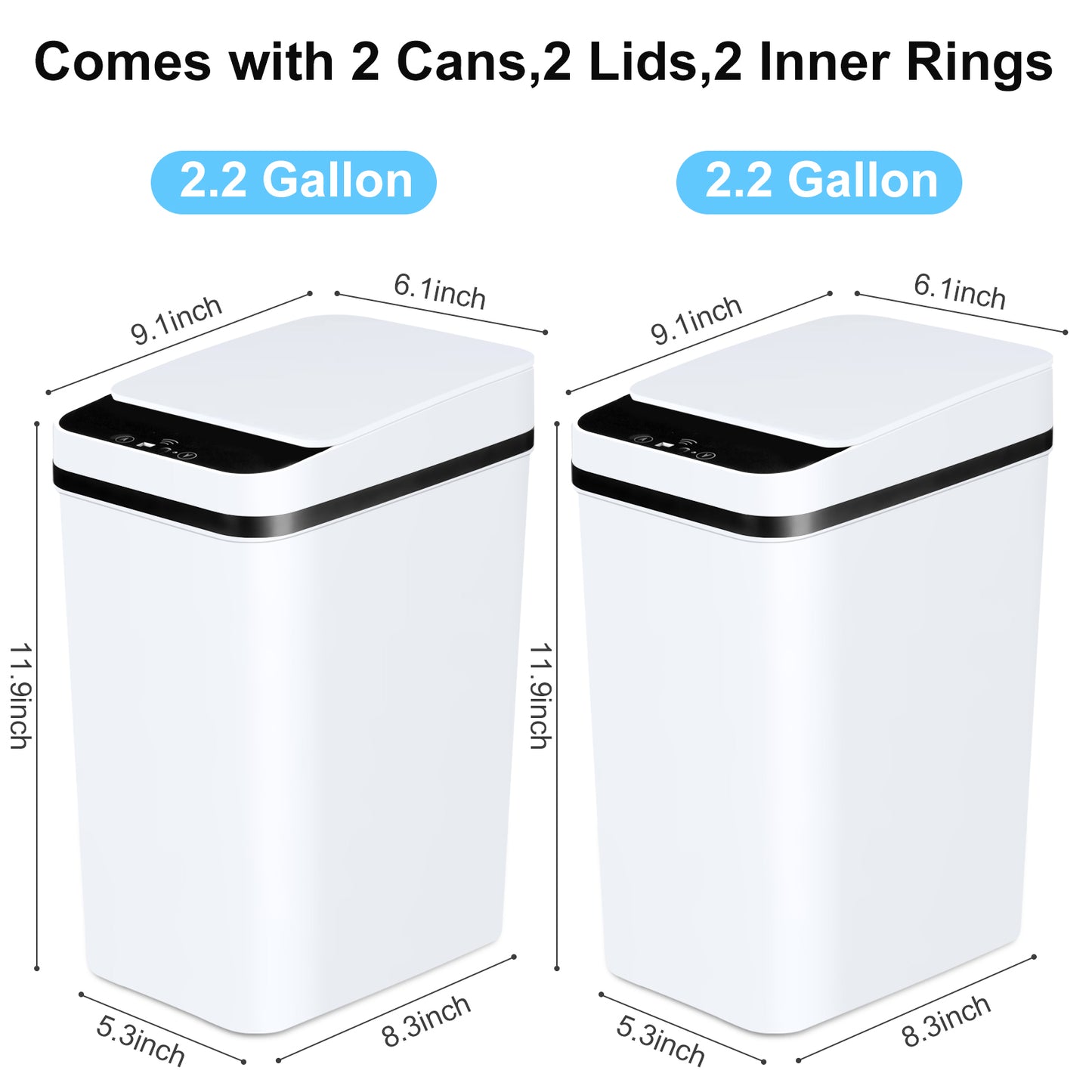 2 Pack Automatic Trash Cans Touchless Motion Sensor Slim with Lid, Bathroom Bedroom Living Room Office White