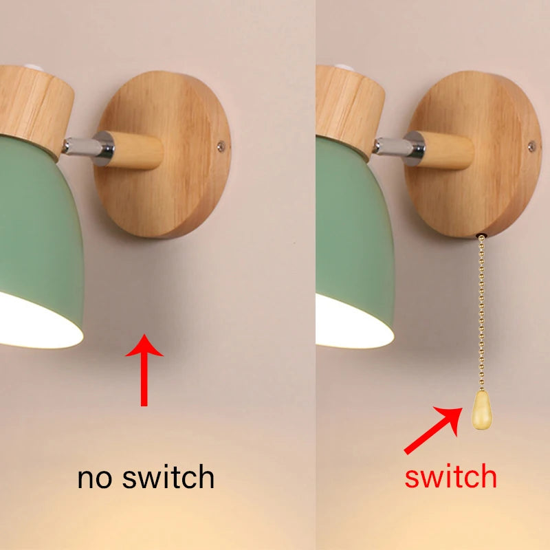 Modern Nordic LED Wall Lamp With Switch, Iron Wall Light E27 Wooden Base, Bedroom Living Room Macaroon Home Decor