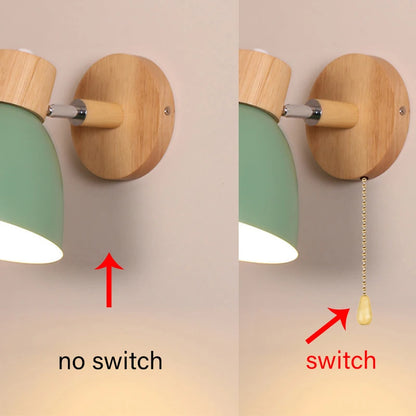 Modern Nordic LED Wall Lamp With Switch, Iron Wall Light E27 Wooden Base, Bedroom Living Room Macaroon Home Decor