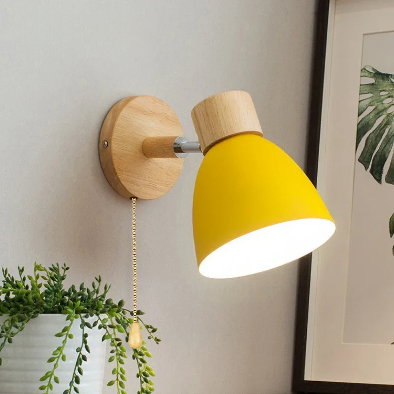 Modern Nordic LED Wall Lamp With Switch, Iron Wall Light E27 Wooden Base, Bedroom Living Room Macaroon Home Decor
