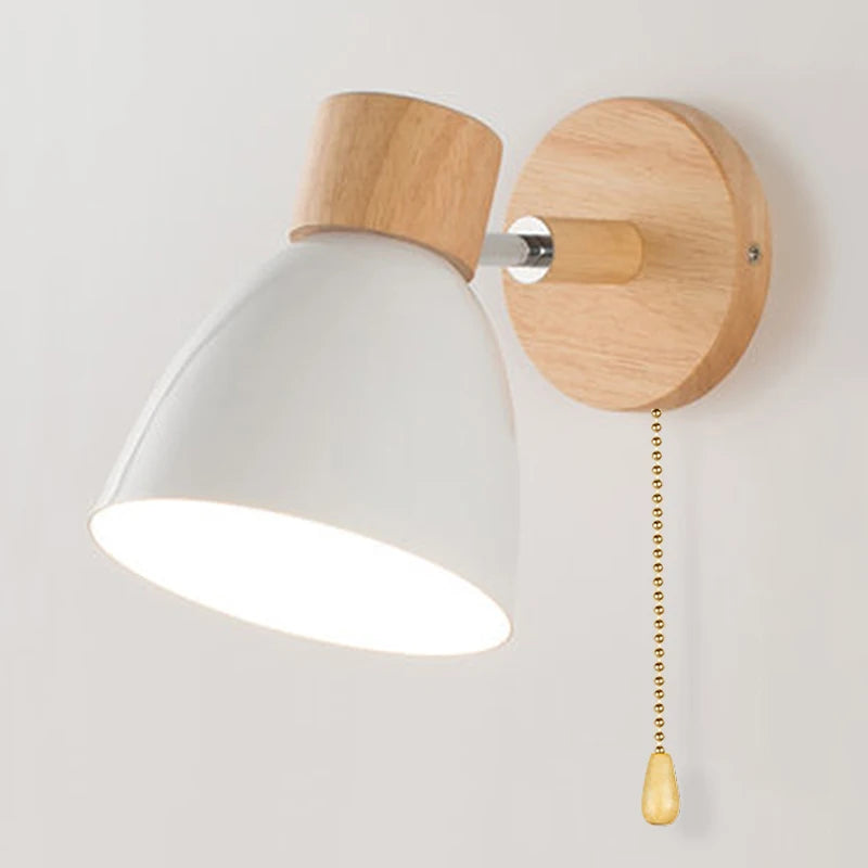 Modern Nordic LED Wall Lamp With Switch, Iron Wall Light E27 Wooden Base, Bedroom Living Room Macaroon Home Decor