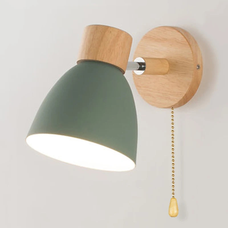 Modern Nordic LED Wall Lamp With Switch, Iron Wall Light E27 Wooden Base, Bedroom Living Room Macaroon Home Decor
