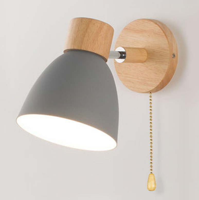 Modern Nordic LED Wall Lamp With Switch, Iron Wall Light E27 Wooden Base, Bedroom Living Room Macaroon Home Decor