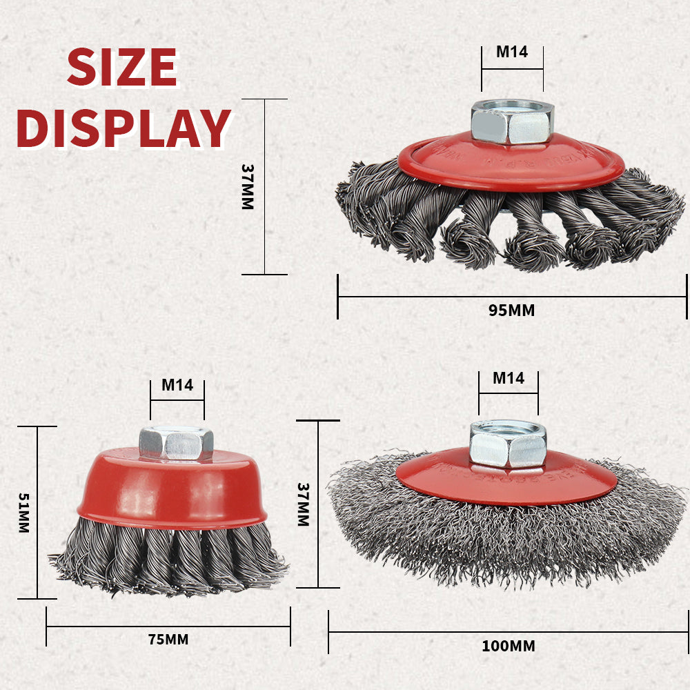 Twisted Steel Wire Wheel M14 Brush, Heavy-Duty Paint Remover, Deburring Tool for Metal Angle Grinder.