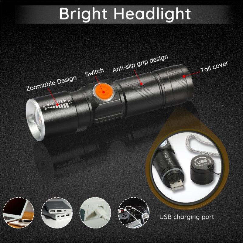 3 In 1 Lumen Bike Bicycle Light USB Rechargeable LED Waterproof Super Bright Zoom Headlight Rear Cy 3