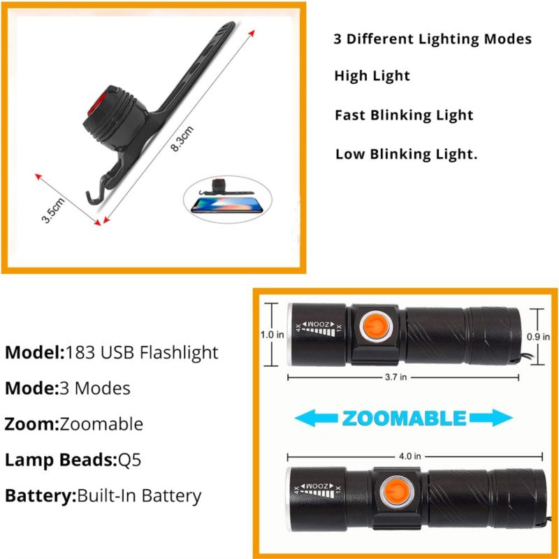 3 In 1 Lumen Bike Bicycle Light USB Rechargeable LED Waterproof Super Bright Zoom Headlight Rear Cy 4