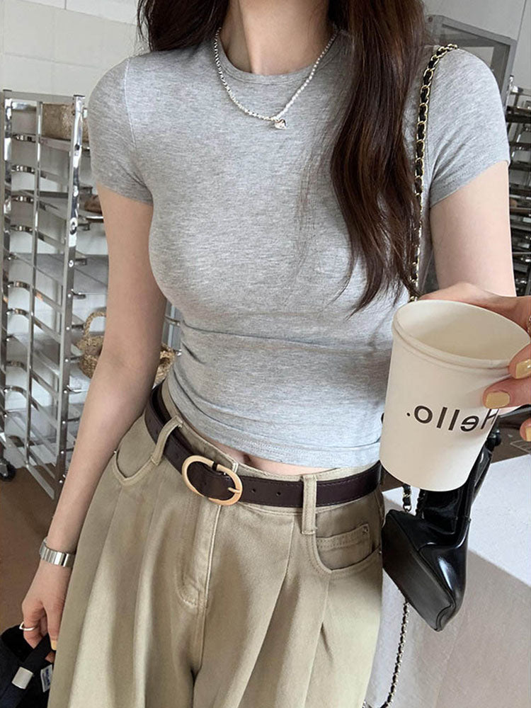 Womens Basic Solid Crop Top Short Sleeve Crewneck Skinny T-Shirt, Y2K Vintage Summer Casual Tee for Harajuku Streetwear