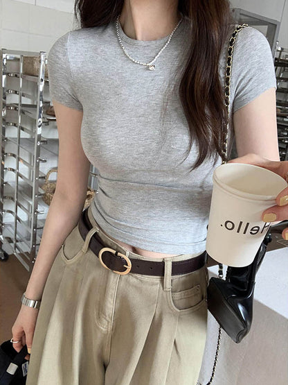 Womens Basic Solid Crop Top Short Sleeve Crewneck Skinny T-Shirt, Y2K Vintage Summer Casual Tee for Harajuku Streetwear