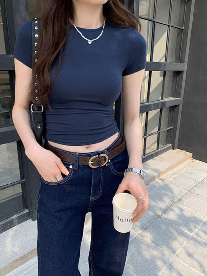 Womens Basic Solid Crop Top Short Sleeve Crewneck Skinny T-Shirt, Y2K Vintage Summer Casual Tee for Harajuku Streetwear