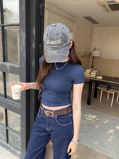 Womens Basic Solid Crop Top Short Sleeve Crewneck Skinny T-Shirt, Y2K Vintage Summer Casual Tee for Harajuku Streetwear