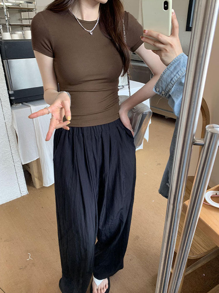 Womens Basic Solid Crop Top Short Sleeve Crewneck Skinny T-Shirt, Y2K Vintage Summer Casual Tee for Harajuku Streetwear