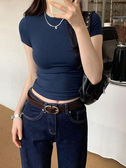 Womens Basic Solid Crop Top Short Sleeve Crewneck Skinny T-Shirt, Y2K Vintage Summer Casual Tee for Harajuku Streetwear