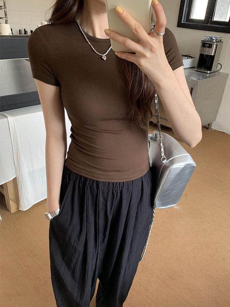 Womens Basic Solid Crop Top Short Sleeve Crewneck Skinny T-Shirt, Y2K Vintage Summer Casual Tee for Harajuku Streetwear