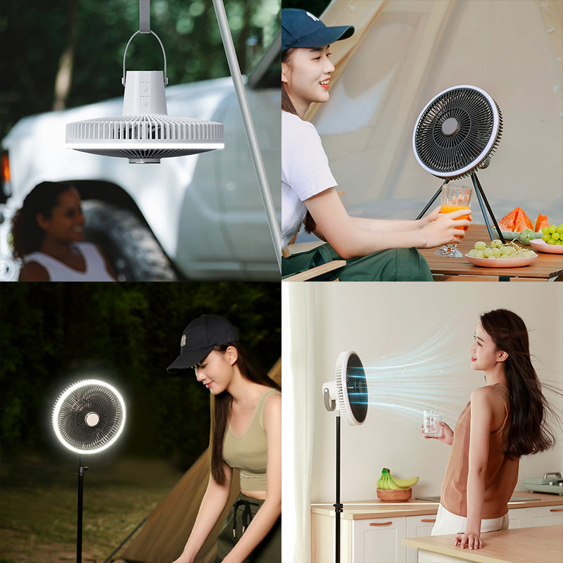 Travel Portable Charge Camping Fan, Rechargeable Ceiling Fan with LED Lighting, Quiet Stand, Circulator Fan for Outdoor