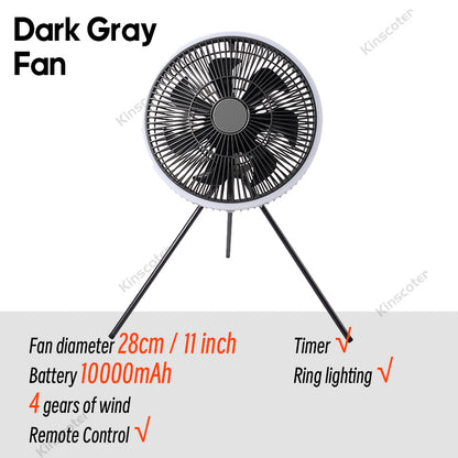 Travel Portable Charge Camping Fan, Rechargeable Ceiling Fan with LED Lighting, Quiet Stand, Circulator Fan for Outdoor