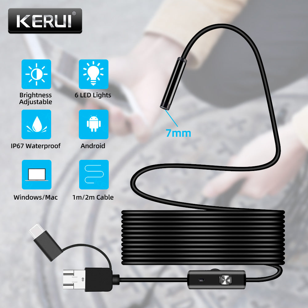 KERUI 7mm Flexible Mini Camera, 3-in-1 Endoscope Camera for Android, IP67 Waterproof Inspection Borescope for Pipeline