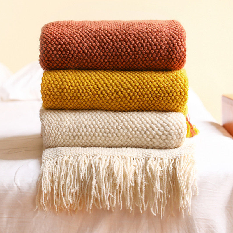 Corn Grain Waffle Embossed Knitted Blanket, Textile City Thickened Winter Warm Throw with Tassels, Decorative Bedspread
