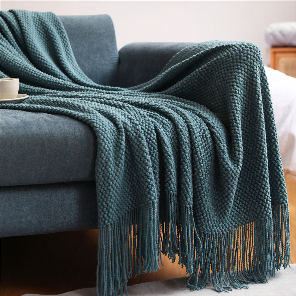 Corn Grain Waffle Embossed Knitted Blanket, Textile City Thickened Winter Warm Throw with Tassels, Decorative Bedspread