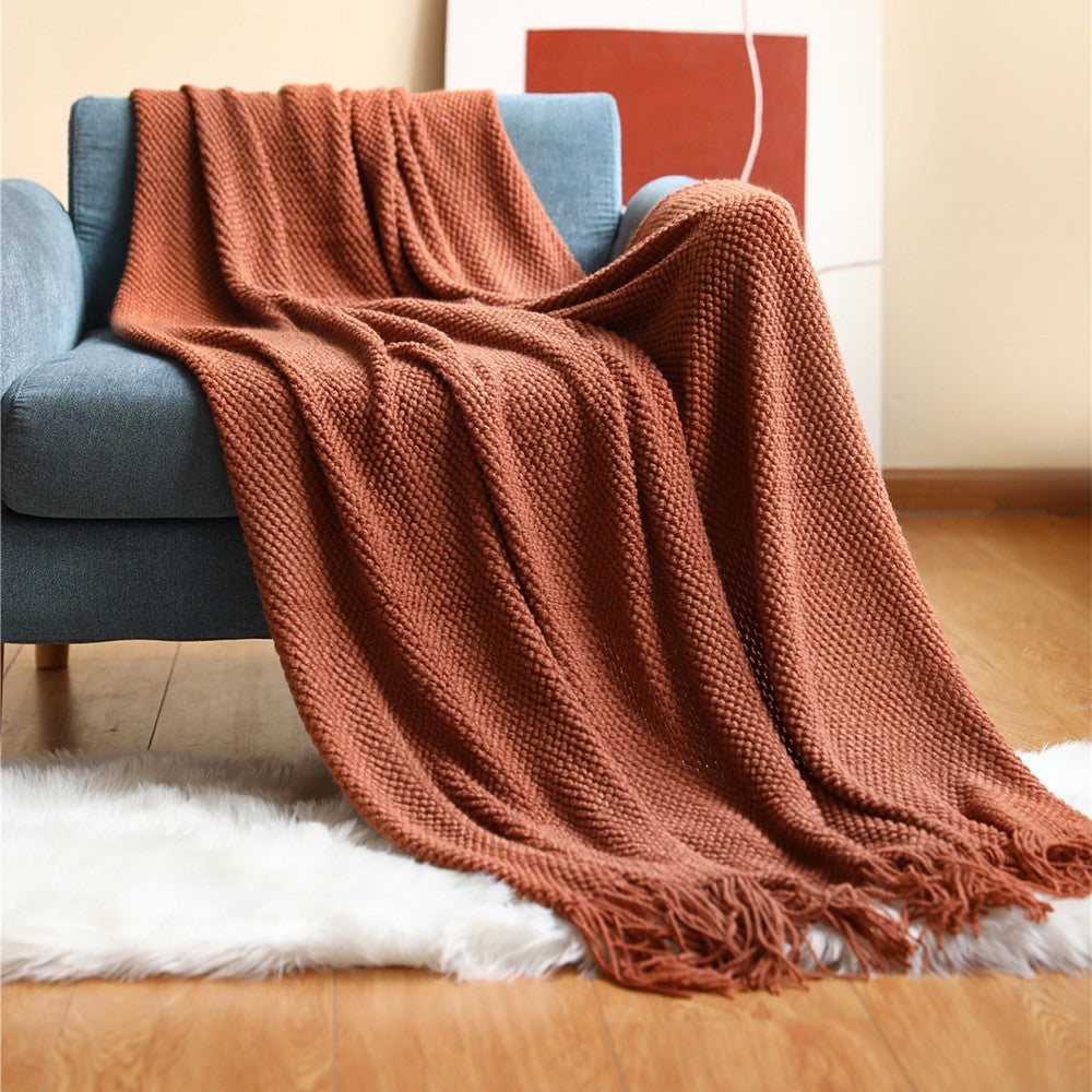 Corn Grain Waffle Embossed Knitted Blanket, Textile City Thickened Winter Warm Throw with Tassels, Decorative Bedspread