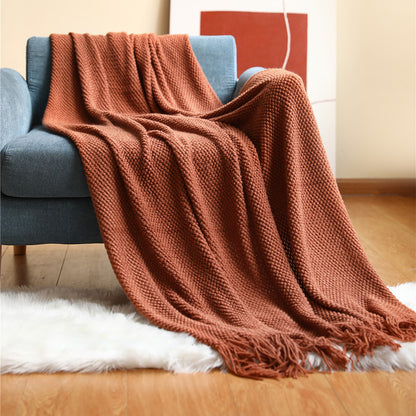 Corn Grain Waffle Embossed Knitted Blanket, Textile City Thickened Winter Warm Throw with Tassels, Decorative Bedspread