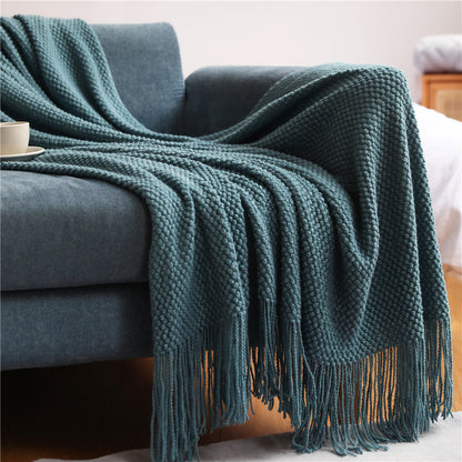 Corn Grain Waffle Embossed Knitted Blanket, Textile City Thickened Winter Warm Throw with Tassels, Decorative Bedspread