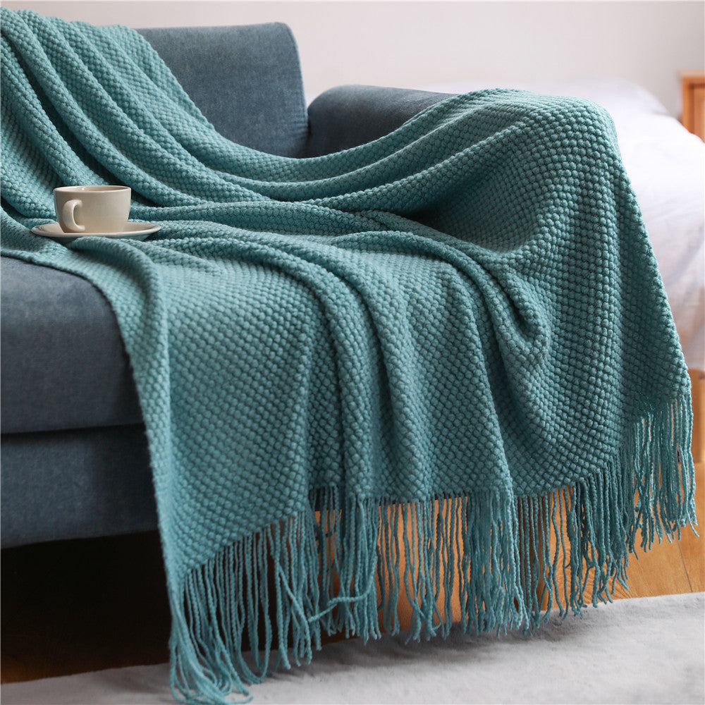 Corn Grain Waffle Embossed Knitted Blanket, Textile City Thickened Winter Warm Throw with Tassels, Decorative Bedspread