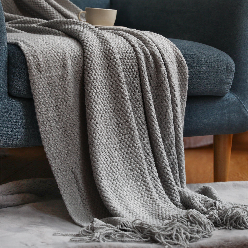 Corn Grain Waffle Embossed Knitted Blanket, Textile City Thickened Winter Warm Throw with Tassels, Decorative Bedspread