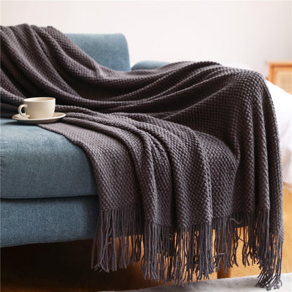 Corn Grain Waffle Embossed Knitted Blanket, Textile City Thickened Winter Warm Throw with Tassels, Decorative Bedspread