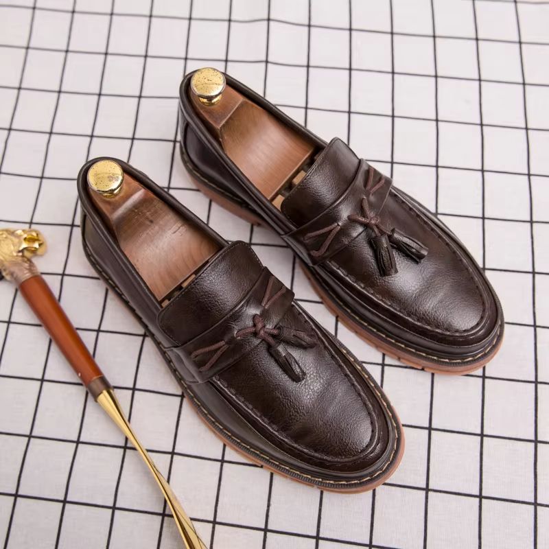Mens Slip On Leather Loafers Retro Casual Shoes Thick Sole Round Toe Handmade Fringe Design 4