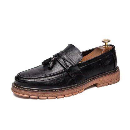 Mens Slip On Leather Loafers Retro Casual Shoes Thick Sole Round Toe Handmade Fringe Design 6