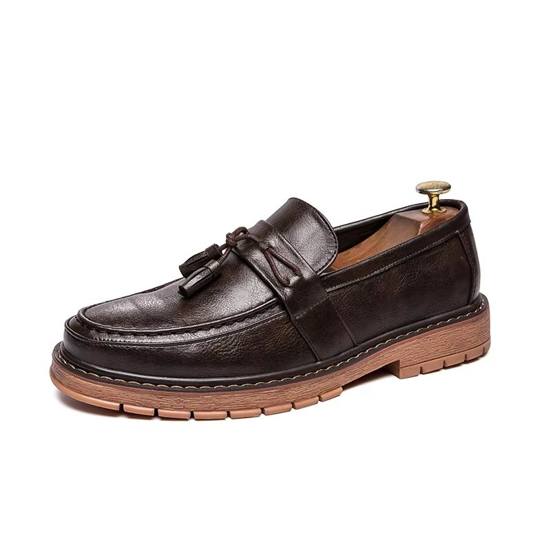 Mens Slip On Leather Loafers Retro Casual Shoes Thick Sole Round Toe Handmade Fringe Design 7