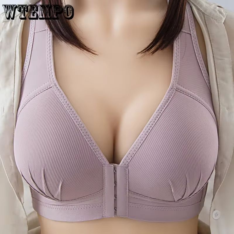 Womens Plus Size Cotton Bra Front Buckle Wireless Comfortable Soft Underwear 5