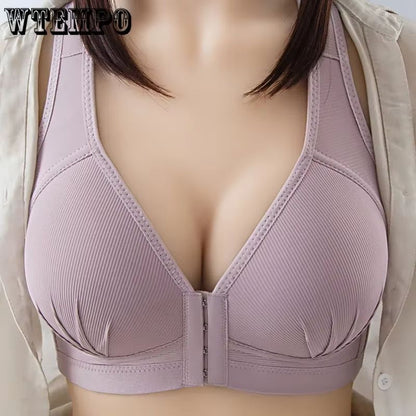 Womens Plus Size Cotton Bra Front Buckle Wireless Comfortable Soft Underwear 5