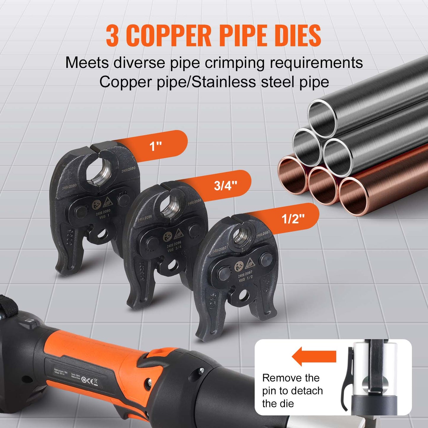 SucceBuy Pro Press Tool Electric Pipe Crimping Kit, Copper Pipe Press Tool 1/2 3/4 1 Inch, 3 Jaws, Batteries