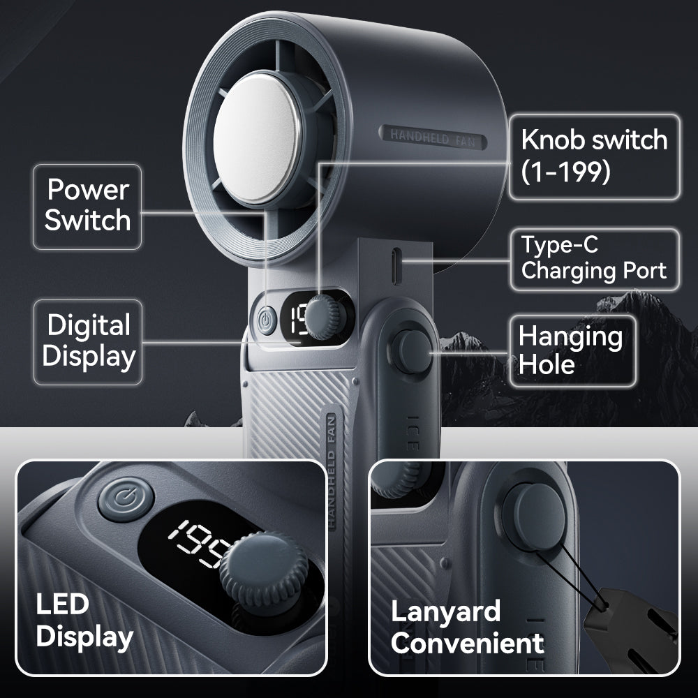 8000mAh Turbo Handheld Fan 199 Adjustable Speeds LED Digital Display Powerful Portable Cooling Fan  7